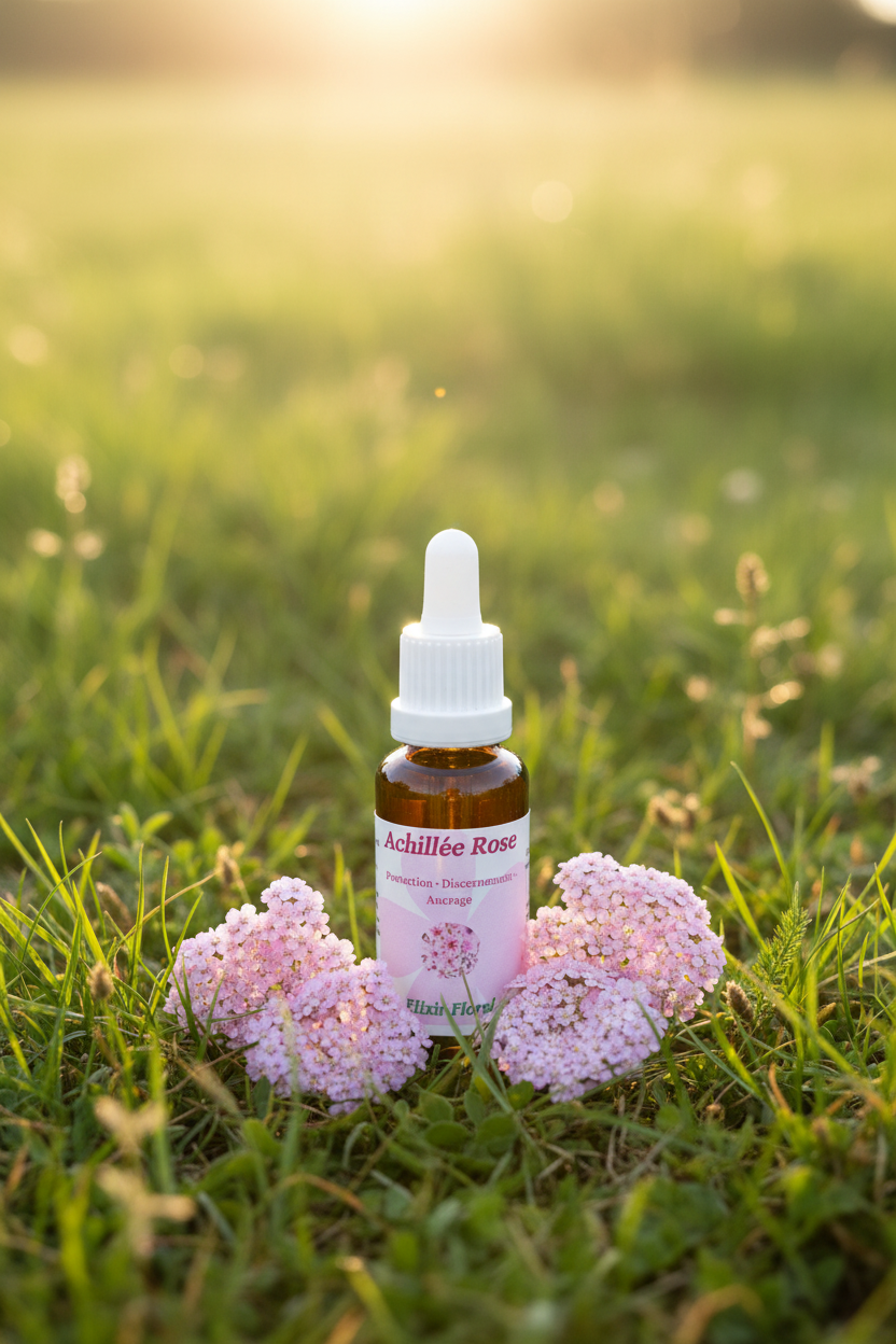 Élixir Floral d'Achillee Rose – fiole seule dans la prairie