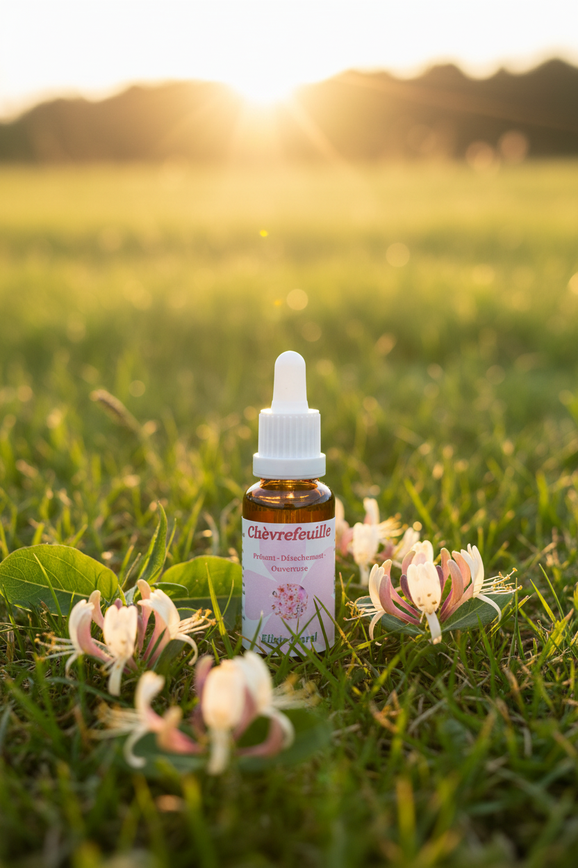 Élixir Floral de Chèvrefeuille – fiole seule dans la prairie