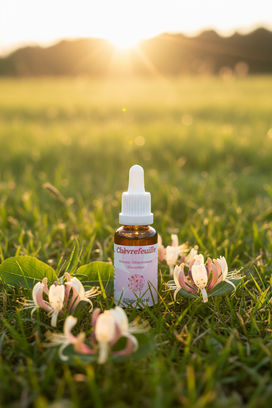 Élixir Floral de Chèvrefeuille – fiole seule dans la prairie