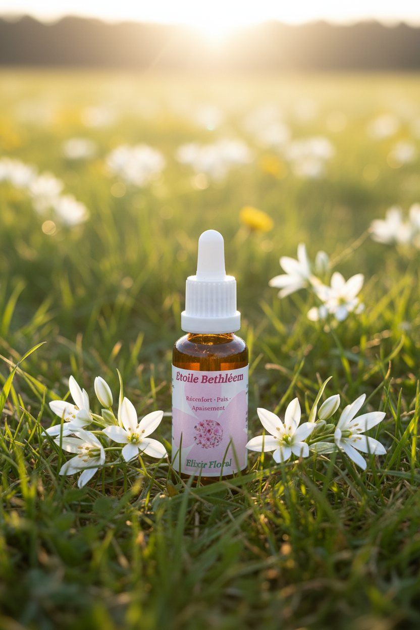 Élixir Floral d'Étoile de Bethléem – fiole seule dans la prairie