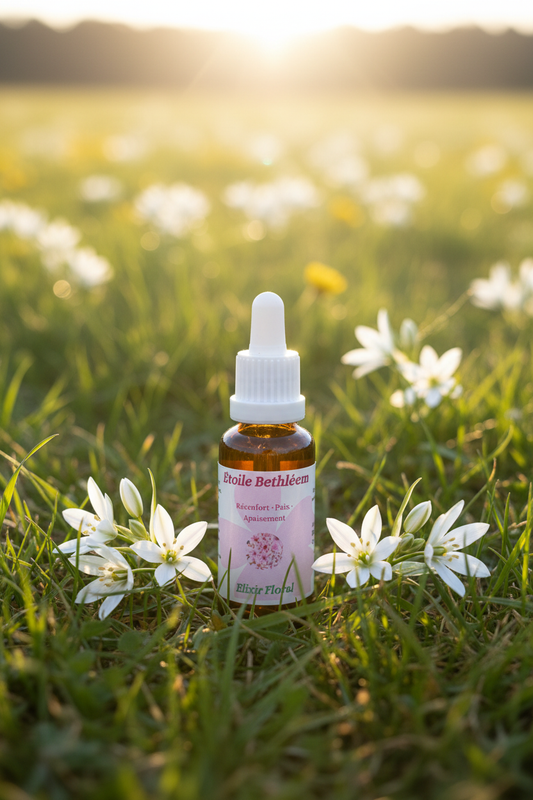 Élixir Floral d'Étoile de Bethléem – fiole seule dans la prairie