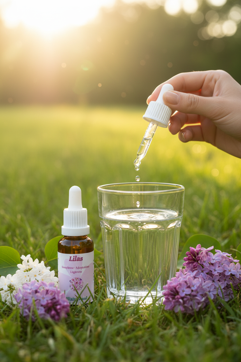 Élixir Floral de Lilas – gouttes dans un verre d'eau en prairie
