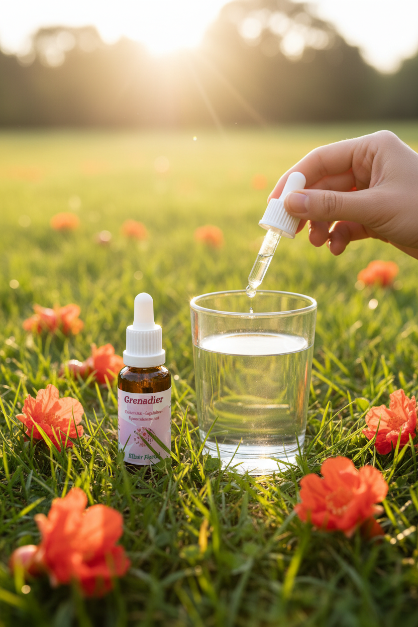 Élixir Floral de Grenadier – gouttes dans un verre d'eau en prairie