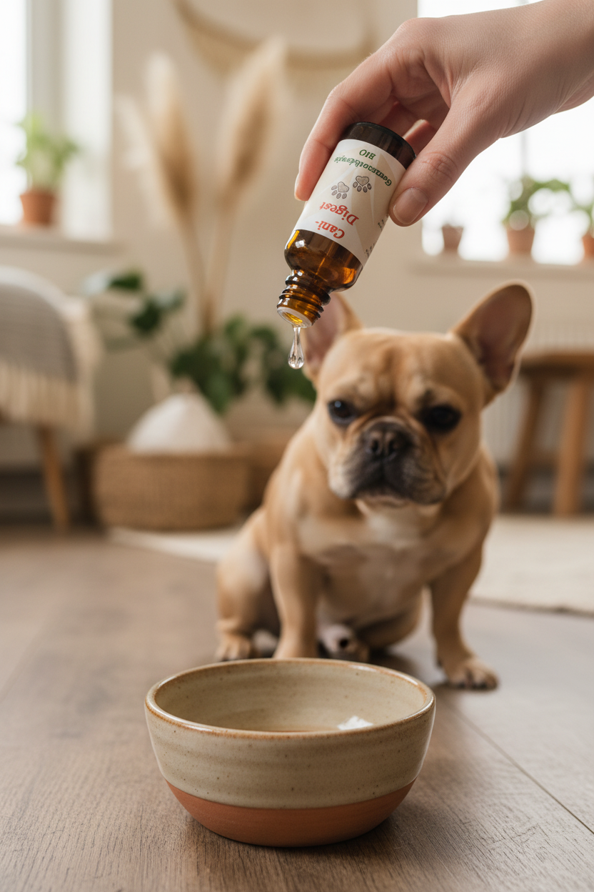 Cani-Digest main versant une goutte dans la gamelle avec bouledogue français qui attend