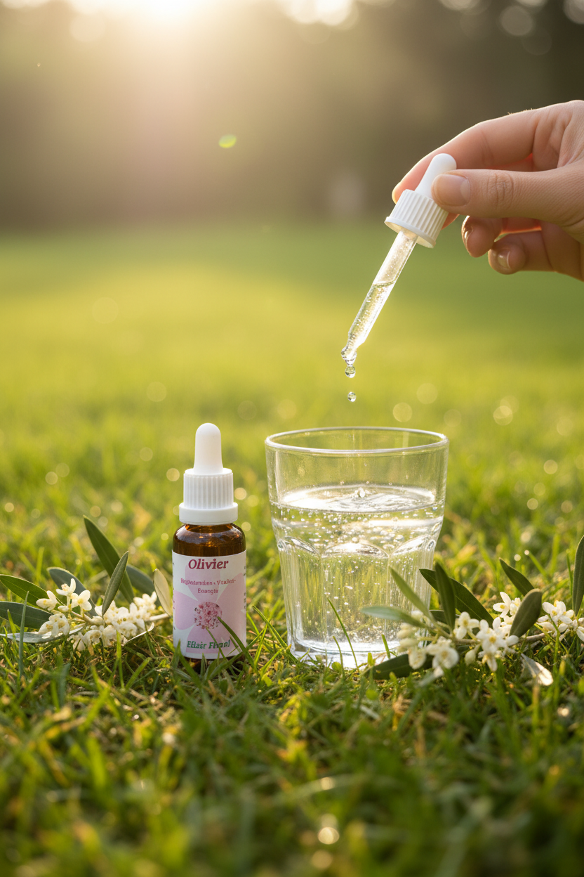 Élixir Floral d'Olivier – gouttes dans un verre d'eau en prairie