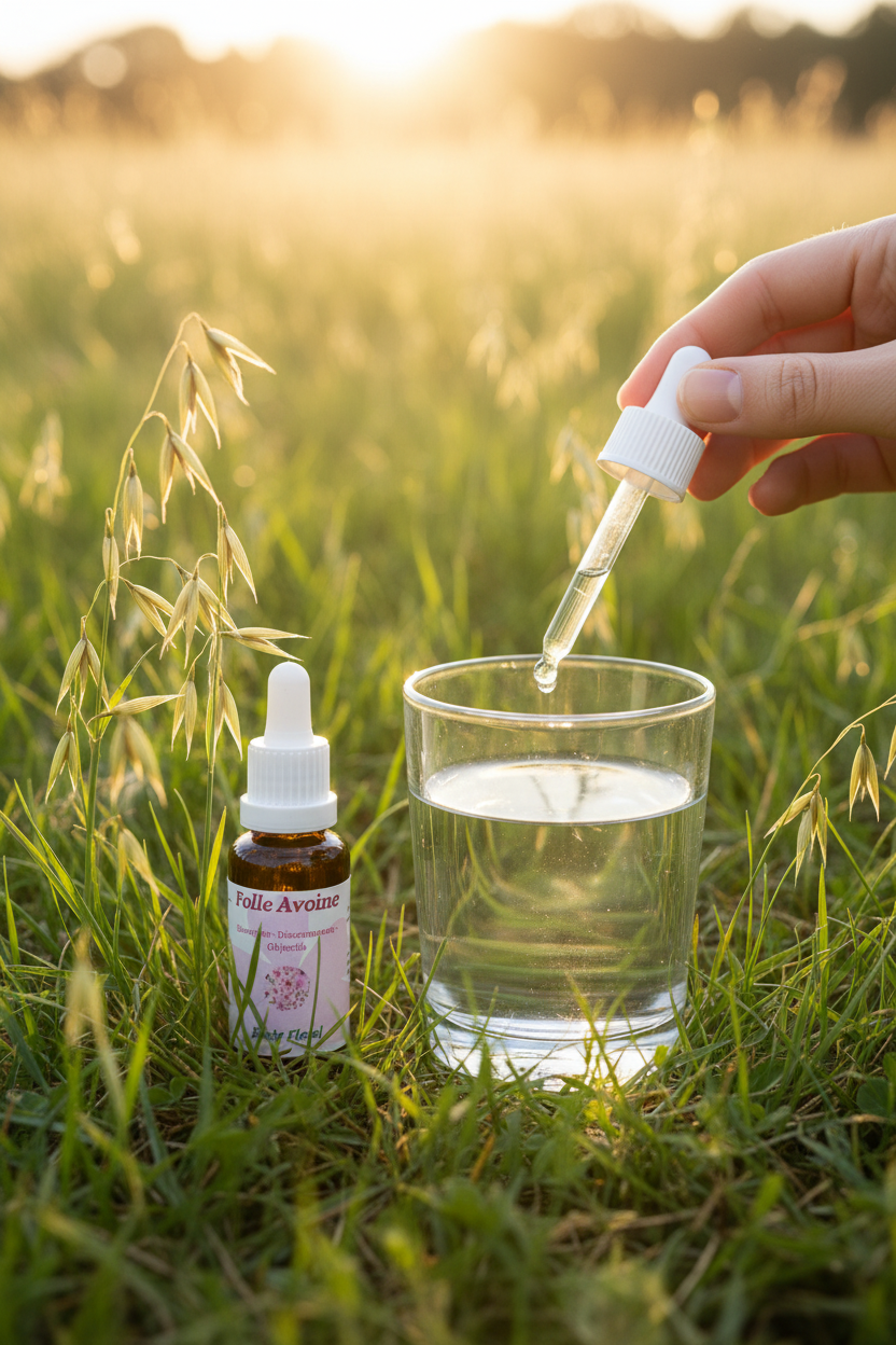 Élixir Floral de Folle Avoine – gouttes dans un verre d'eau en prairie
