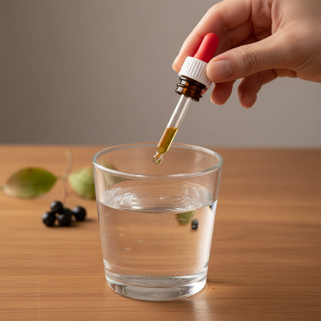 Utilisation Cornouiller Sanguin Gemmothérapie BIO — gouttes dans un verre d’eau