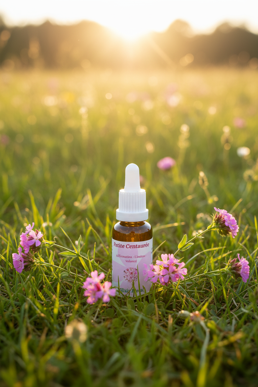 Élixir Floral de Petite Centaurée – fiole seule dans la prairie