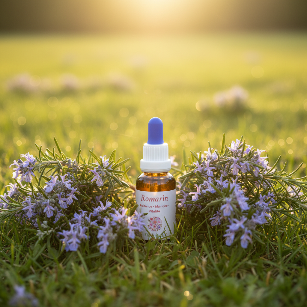 Élixir Floral de Romarin – flacon dans une prairie de branches de romarin en fleurs, lumière dorée
