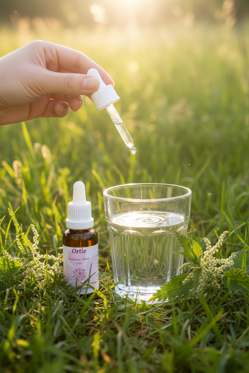 Élixir Floral d'Ortie – gouttes dans un verre d'eau en prairie