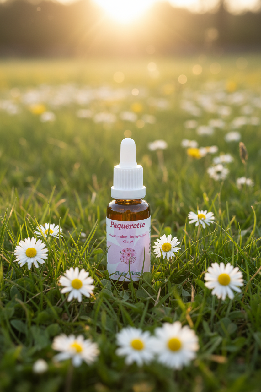 Élixir Floral de Pâquerette – fiole seule dans la prairie