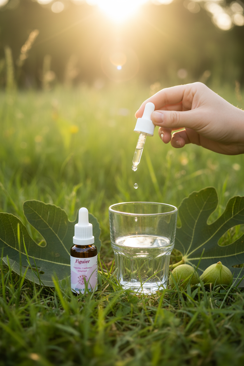 Élixir Floral de Figuier – gouttes dans un verre d'eau en prairie