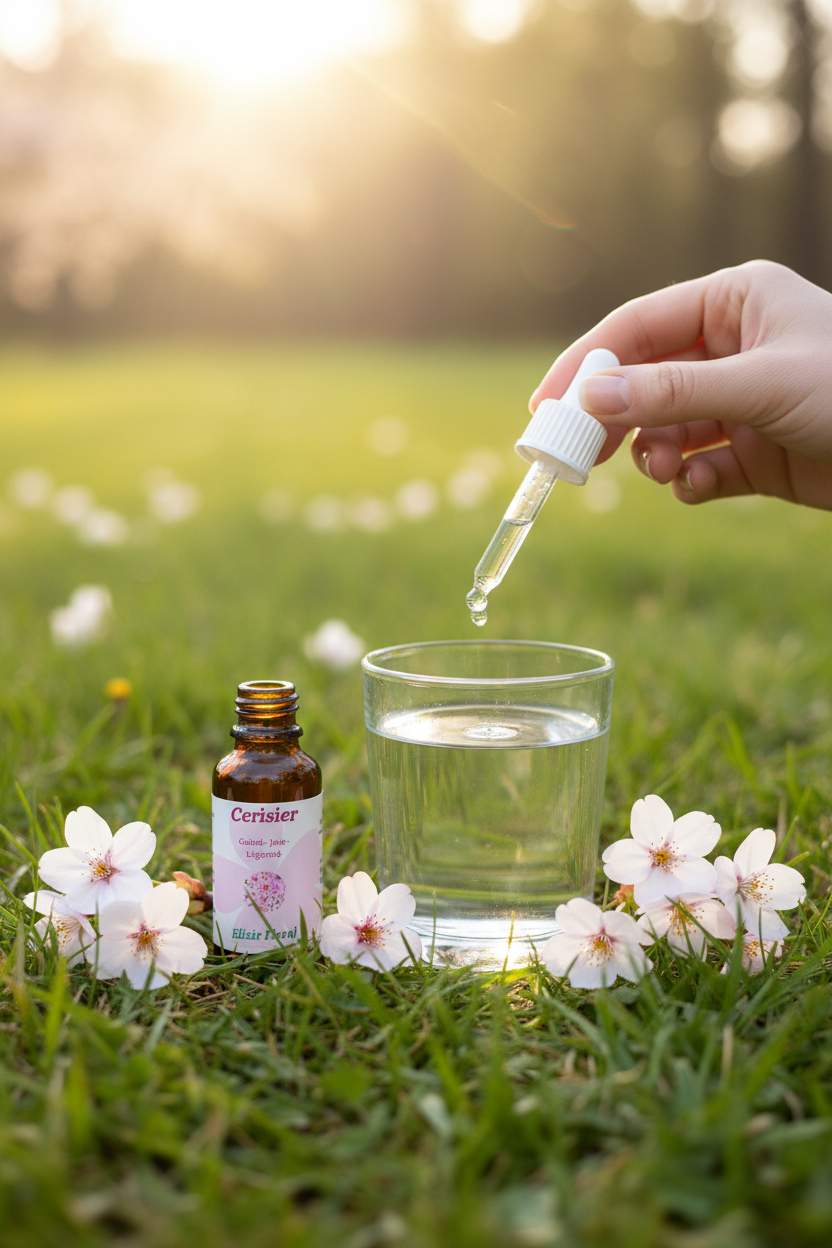 Élixir Floral de Cerisier – gouttes dans un verre d'eau en prairie