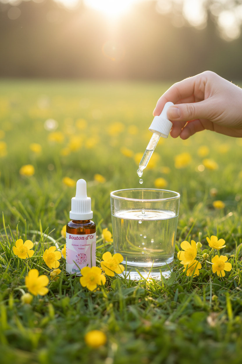 Élixir Floral de Bouton d'Or – gouttes dans un verre d'eau en prairie