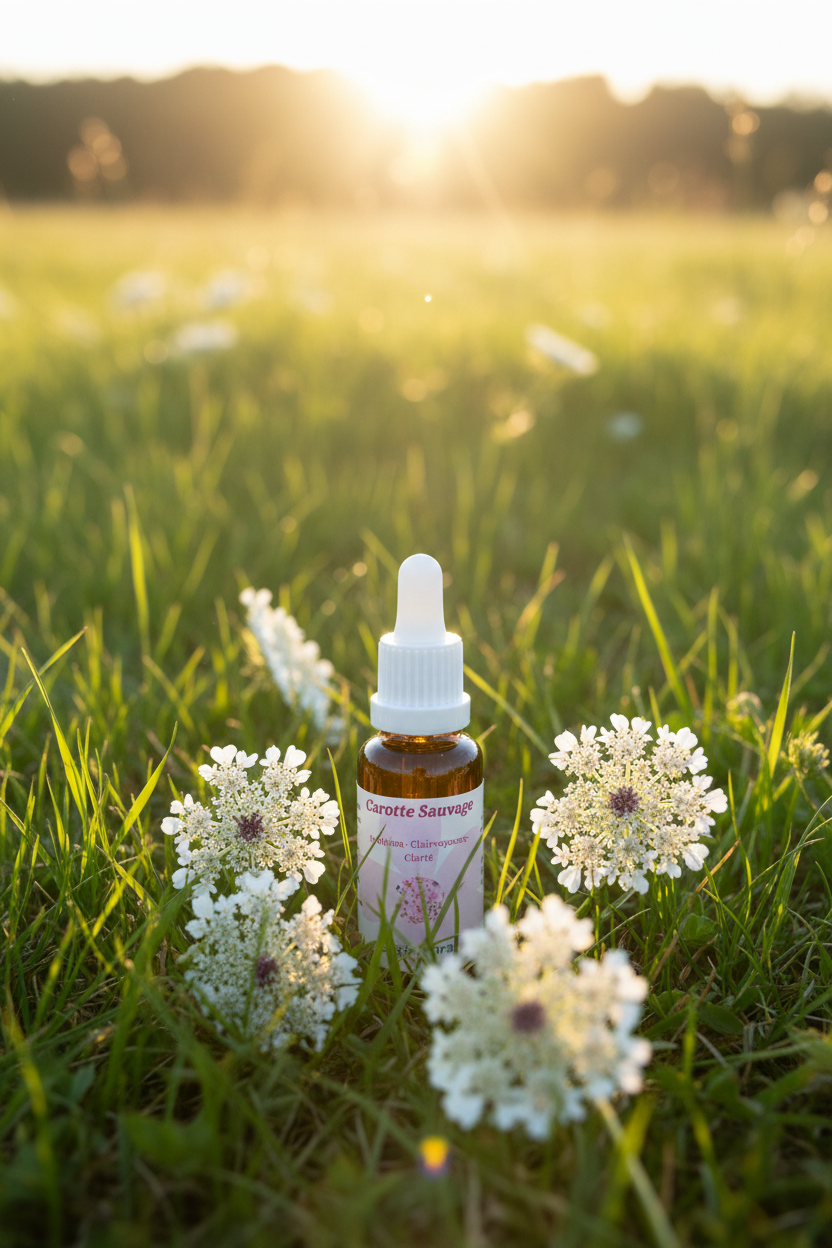 Élixir Floral de Carotte Sauvage – fiole seule dans la prairie