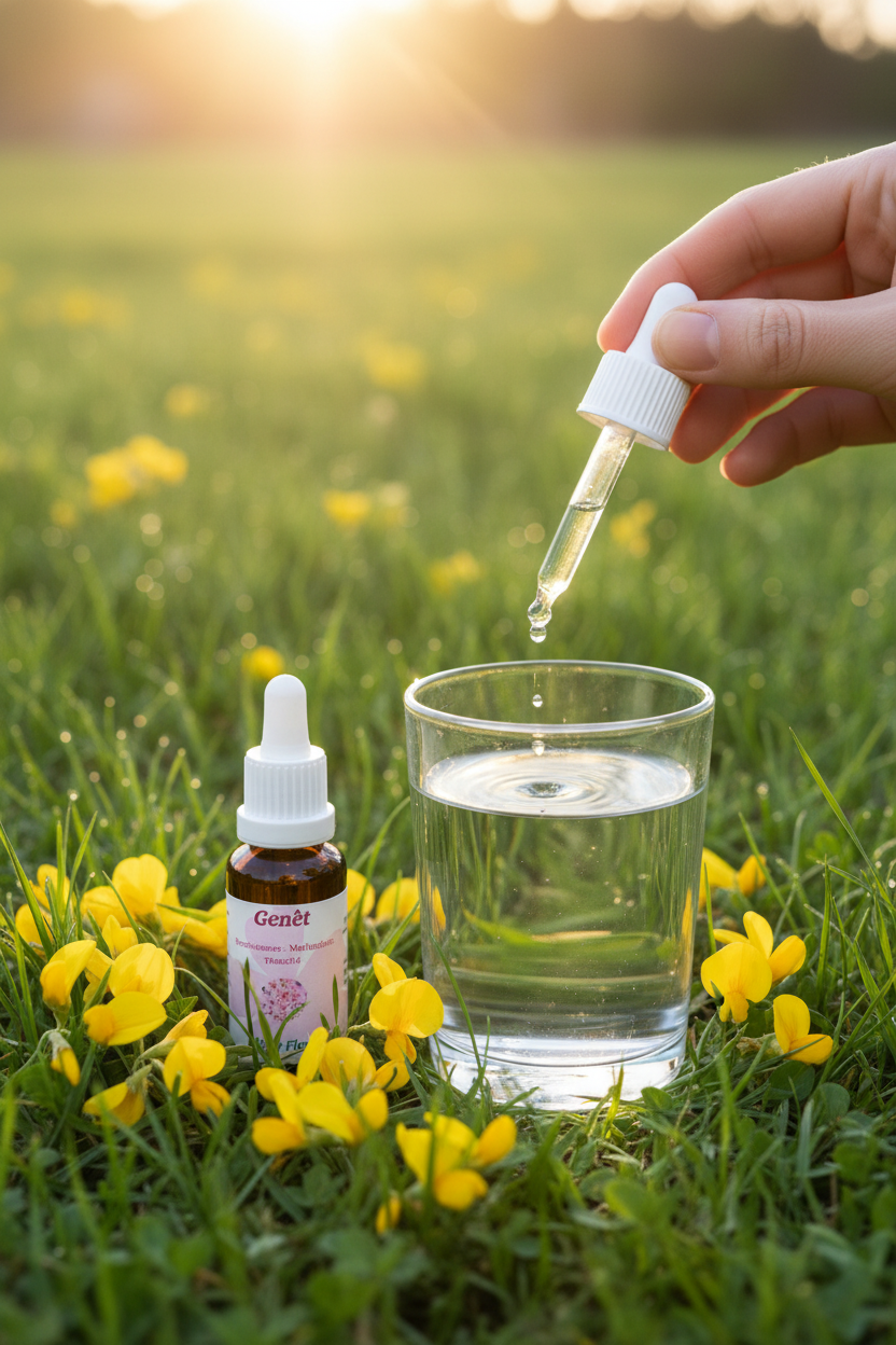 Élixir Floral de Genêt – gouttes dans un verre d'eau en prairie