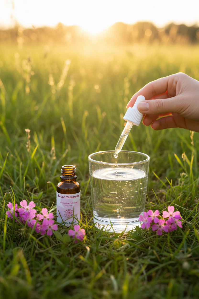 Élixir Floral de Petite Centaurée – gouttes dans un verre d'eau en prairie