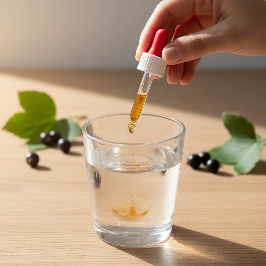 Utilisation Cassis Gemmothérapie BIO — gouttes dans un verre d’eau