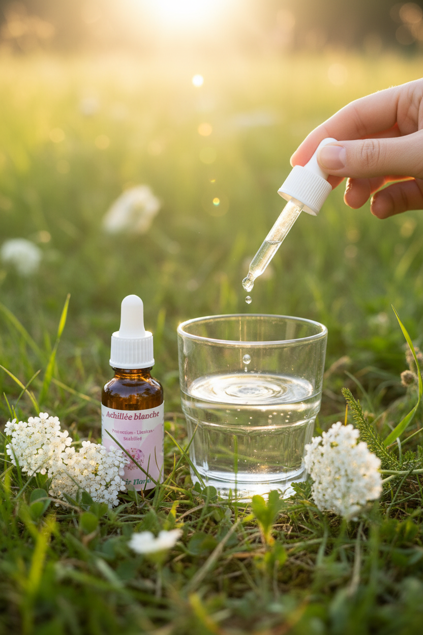 Élixir Floral d'Achillée blanche – gouttes dans un verre d'eau en prairie