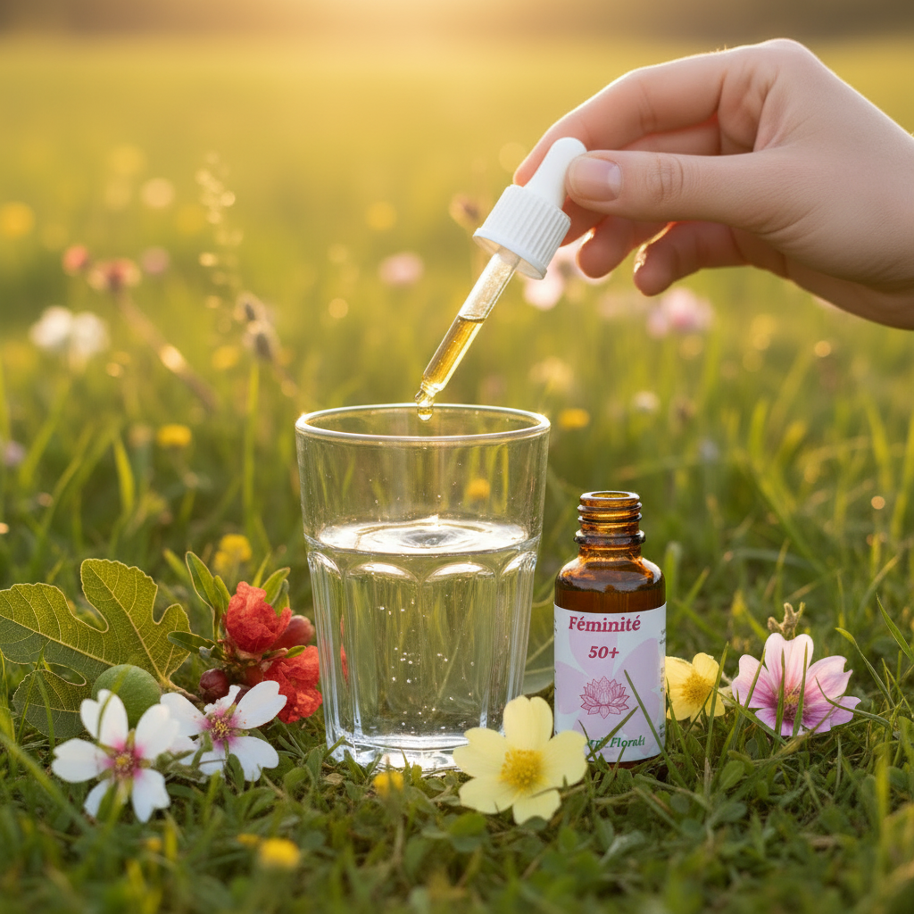 Utilisation Féminité 50+ – pipette et fiole dans un verre d’eau dans la prairie – Arom’Elia