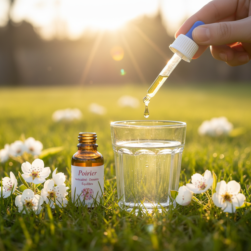 Élixir Floral de Poirier – utilisation pipette au-dessus d'un verre d'eau