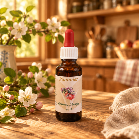 Fiole fermée de Pommier en gemmothérapie BIO sur une table en bois dans une cuisine de campagne, avec quelques éléments de pommier en arrière-plan