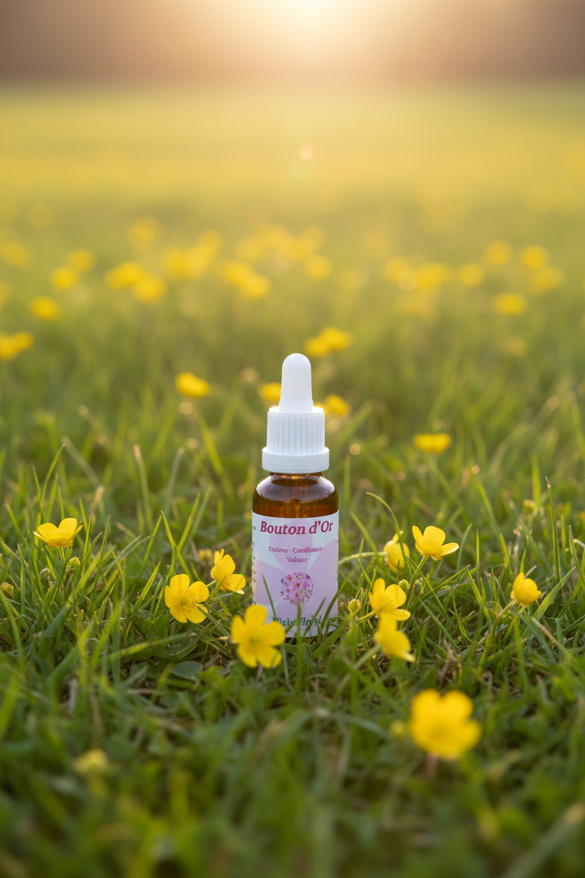Élixir Floral de Bouton d'Or – fiole seule dans la prairie