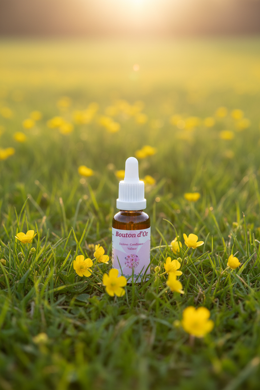 Élixir Floral de Bouton d'Or – fiole seule dans la prairie