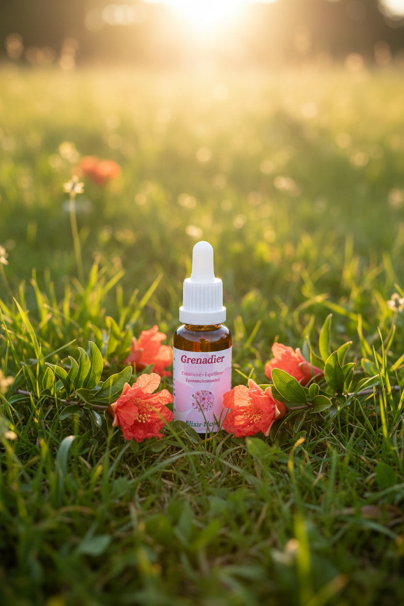 Élixir Floral de Grenadier – fiole seule dans la prairie