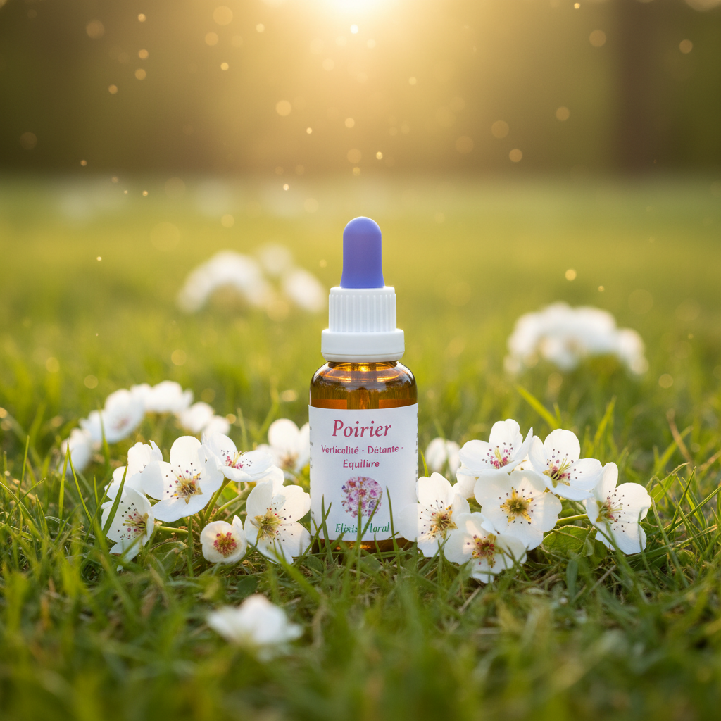 Élixir Floral de Poirier – flacon dans une prairie de fleurs de poirier, lumière dorée