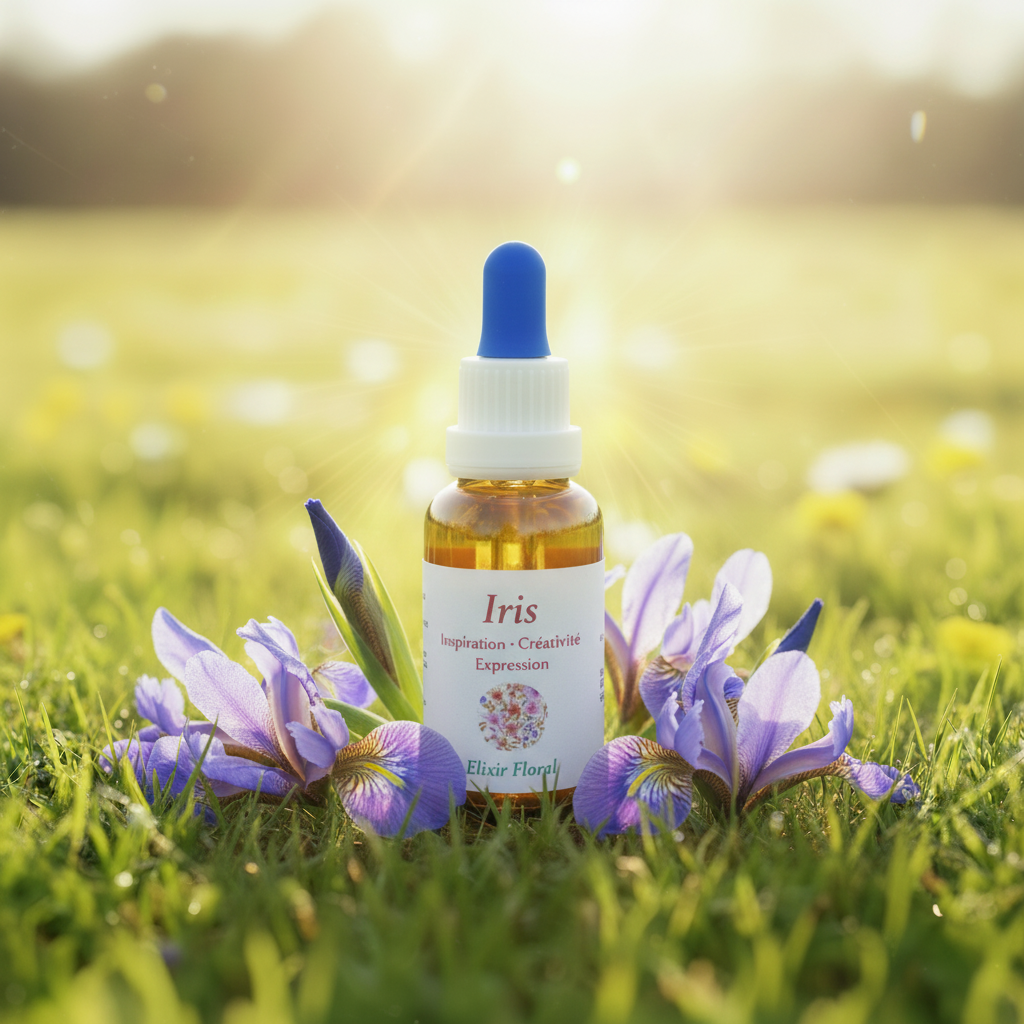 Flacon élixir floral d'Iris dans une prairie avec fleurs bleu-violet – Arom'Elia