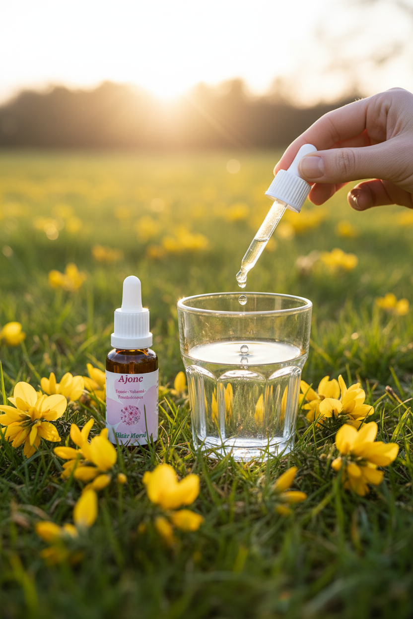 Élixir Floral d'Ajonc – gouttes dans un verre d'eau en prairie
