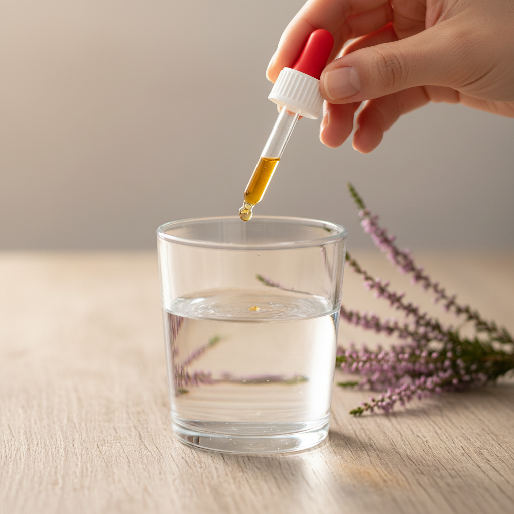 Utilisation Bruyère Gemmothérapie BIO — gouttes dans un verre d’eau