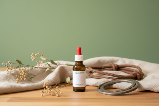 Equi-Derm – Mise en scène artisanale fond vert sauge soutenu, licol et fer à cheval