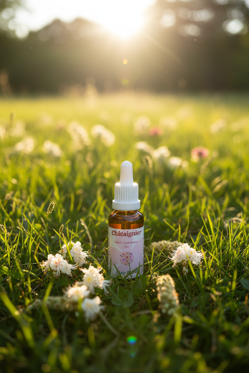 Élixir Floral de Châtaignier – fiole seule dans la prairie