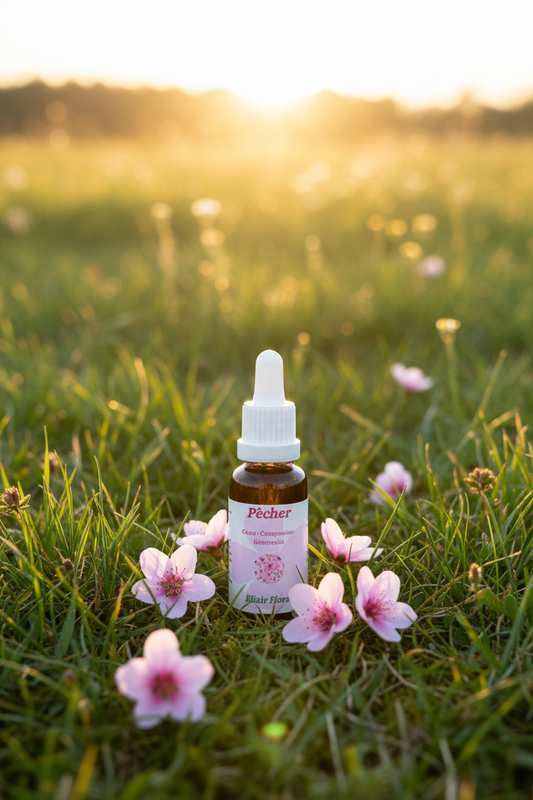 Élixir Floral de Pêcher – fiole seule dans la prairie