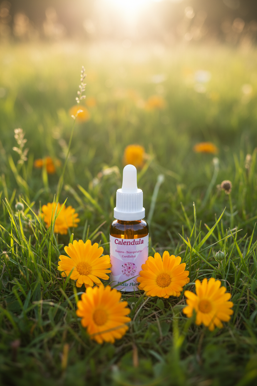 Élixir Floral de Calendula – fiole seule dans la prairie