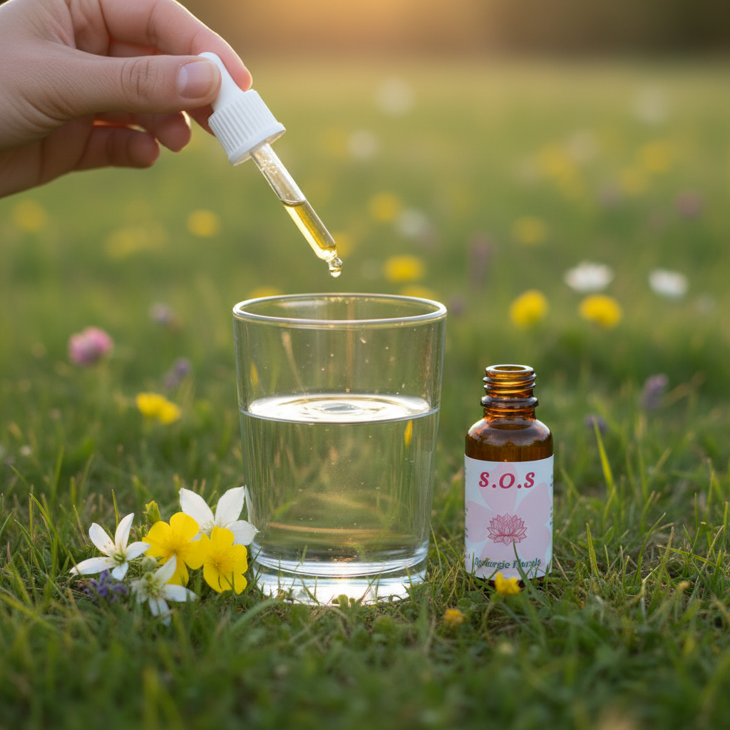 Utilisation SOS – pipette et fiole dans un verre d’eau dans la prairie – Arom’Elia