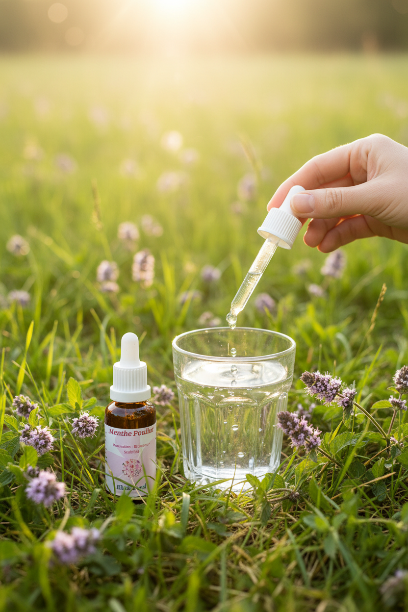 Élixir Floral de Menthe Pouliot – gouttes dans un verre d'eau en prairie