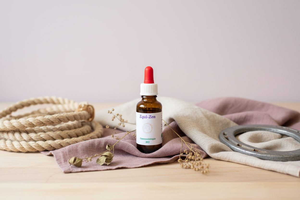 Equi-Zen – Mise en scène artisanale fond violet rosé pastel, licol et fer à cheval