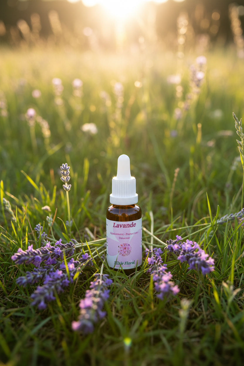 Élixir Floral de Lavande – fiole seule dans la prairie