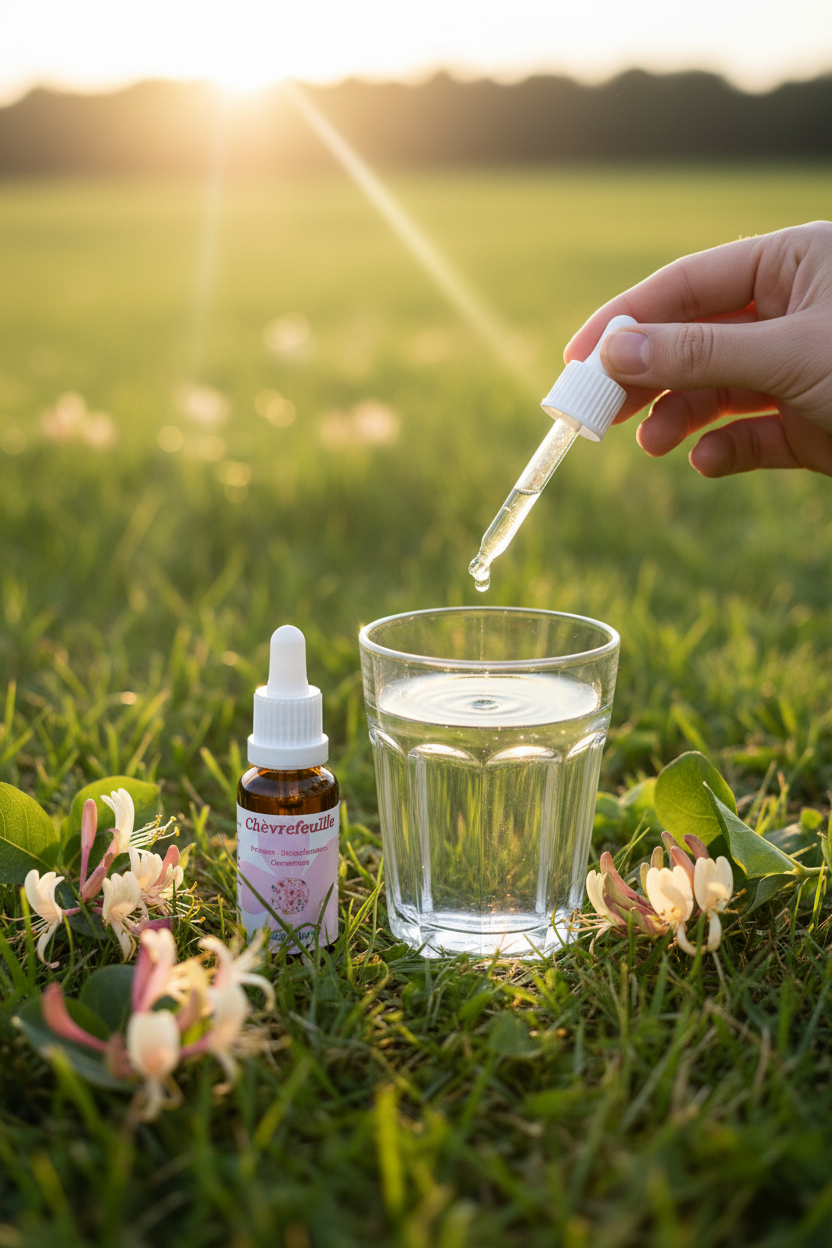 Élixir Floral de Chèvrefeuille – gouttes dans un verre d'eau en prairie