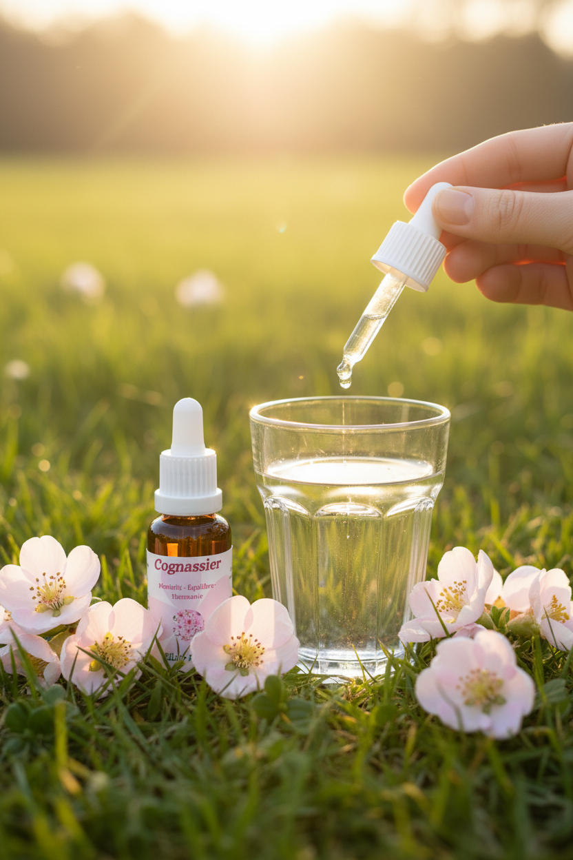 Élixir Floral de Cognassier – gouttes dans un verre d'eau en prairie