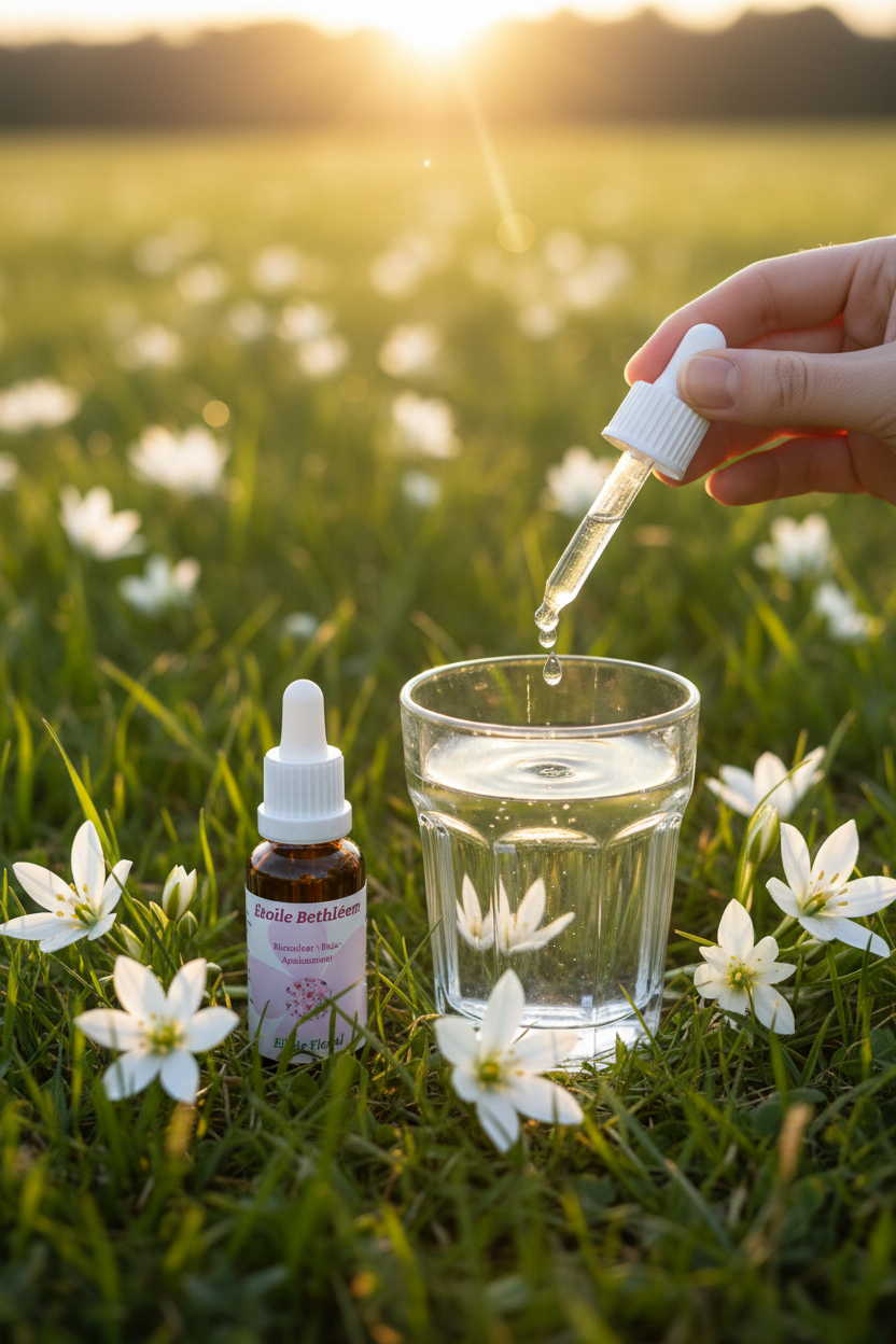 Élixir Floral d'Étoile de Bethléem – gouttes dans un verre d'eau en prairie