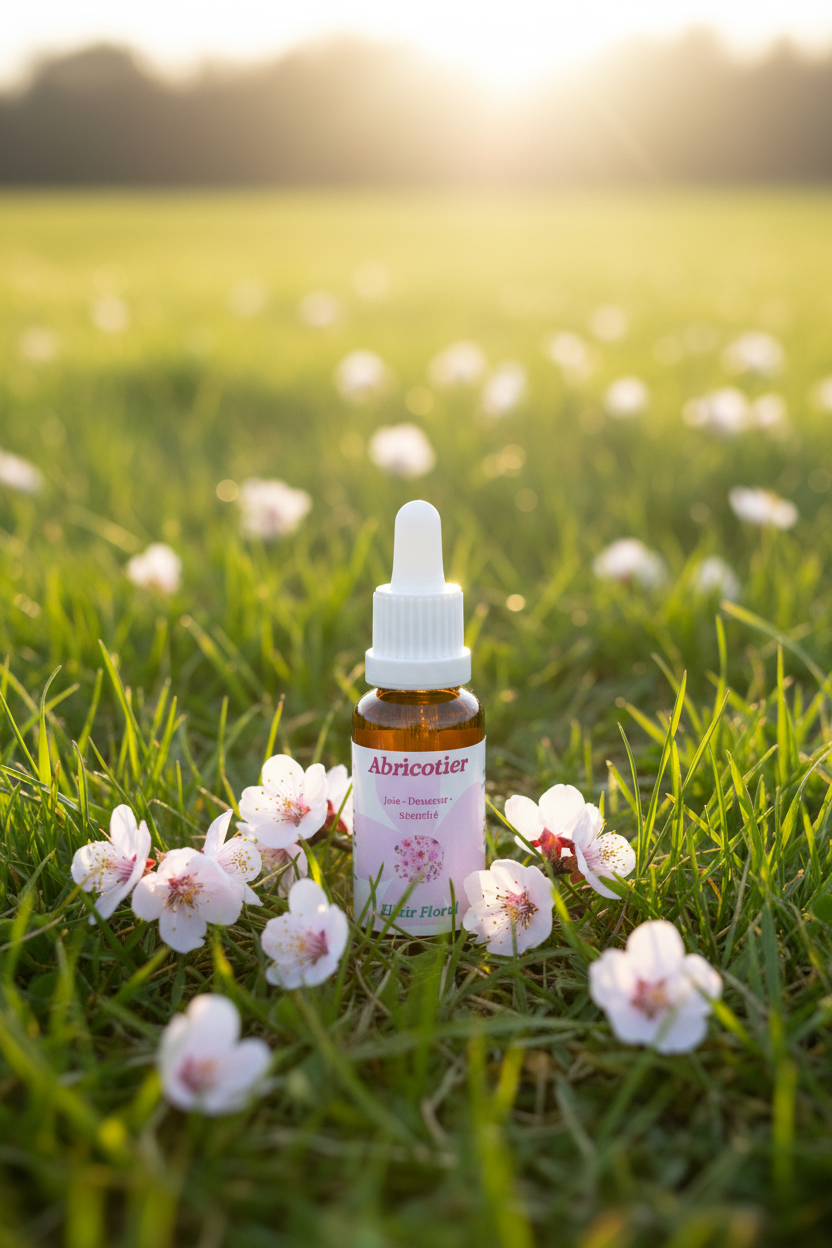 Élixir Floral d'Abricotier – fiole seule dans la prairie