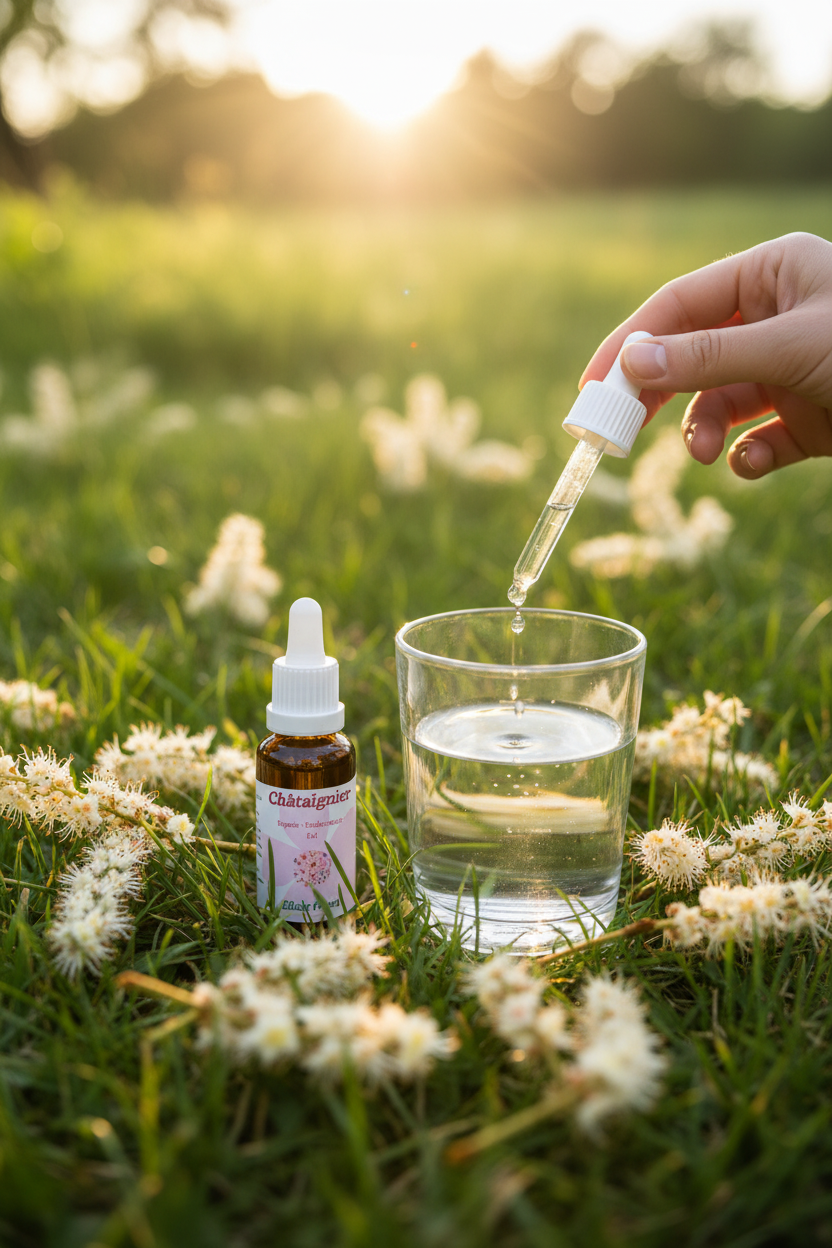 Élixir Floral de Châtaignier – gouttes dans un verre d'eau en prairie