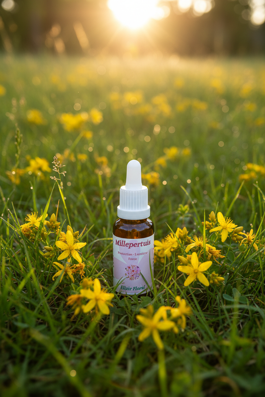 Élixir Floral de Millepertuis – fiole seule dans la prairie