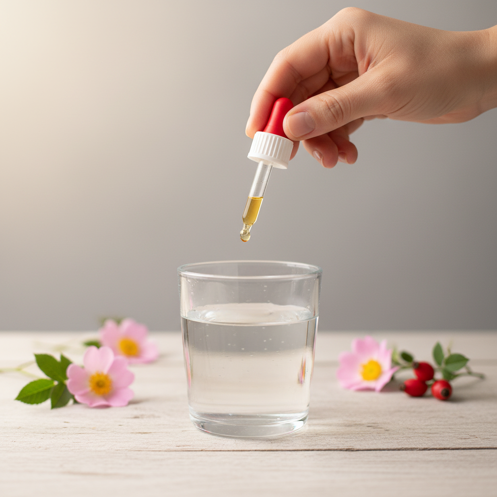 Utilisation Églantier Gemmothérapie BIO — pipette au-dessus d’un verre d’eau