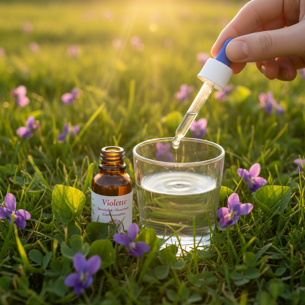 Élixir Floral de Violette des Bois – utilisation pipette au-dessus d'un verre d'eau
