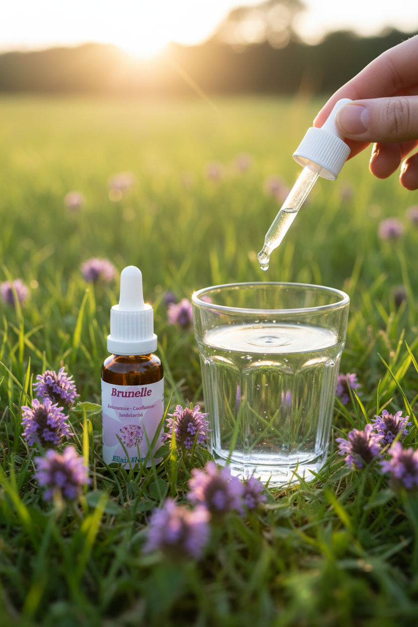 Élixir Floral de Brunelle – gouttes dans un verre d'eau en prairie